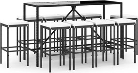 vidaXL 11 részes fekete polyrattan kerti bárszett párnákkal