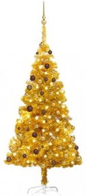 Aranyszínű PET műkarácsonyfa LED-ekkel és gömbszettel 180 cm