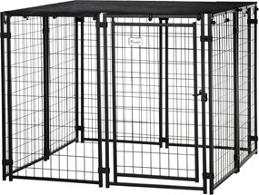 PawHut Összecsukható Acél Kutya Kennel Tetővel, Zárható Ajtós Ketrec, 8 Paneles Futó Állatok Számára, 141x141x113cm, Fekete | Aosom