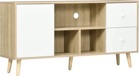 HOMCOM TV állvány max. 45 hüvelykes TV-hez, tömör fa lábakkal, skandináv stílus, 3 polccal, 1 ajtós szekrénnyel és 2 fiókkal, 120 x 30 x 60 cm | Aosom