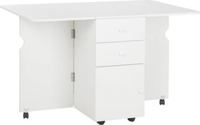 HOMCOM Összecsukható Étkezőasztal Kihúzható Konyhaasztallal Összecsukható Szárnyakkal 6 Kerekekkel és 2 Tároló Fiókkal Modern Stílus 120x80x75 cm Fehé