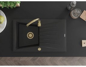 Mexen Cesar, gránit mosogató 775x470x190 mm, 1 kamrás, fekete arany szifonnal, 6514771010-77-G
