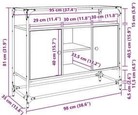 füstös tölgy szerelt fa tálalószekrény üveglappal 98x35x81 cm