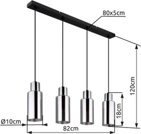 Globo 15708-4H Függeszték fém fekete matt, füstszínű üveg, fekete PVC kábel, magassága rövidíthető, HxSzxM: 820x100x1200mm, 4x E27 25W 230V izzók nélkül