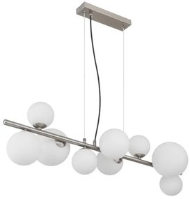 Globo 56140-9H Függeszték fém matt nikkel, üveg fehér, kábel PVC átlátszó, HxSzxM: 870x345x1200mm, üveg átmérő: 4x10cm, 3x12cm, 2x15 cm, benne 9x G9 LED 3.5W 230V, 350lm forrás, 310lm kimenet, 3000K