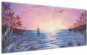 Kép - naplemente a víz felett, akvarell (120x50 cm)