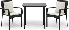 vidaXL 3 részes fekete polyrattan kerti étkezőgarnitúra párnákkal