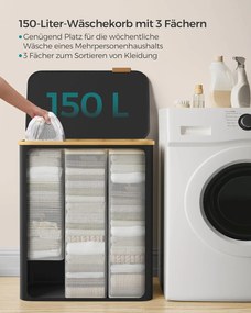 szennyeskosár fedéllel – 3 rekeszes ruhagyűjtő, 150 l űrtartalommal fekete színben