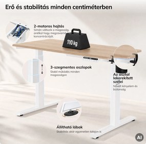 Elektromos, állítható magasságú, ergonomikus, fehér/sonoma tölgy íróasztal,1200x600 mm: ARIA