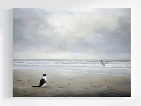 Poszter Tájkép Tenger Tengerpart Hullámok Macska Sirály Szürke 80x60