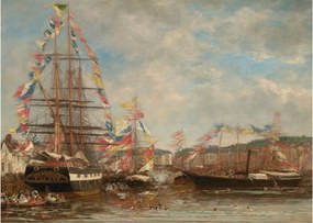 Üveg kép - Eugène Boudin, Festival in the Harbor of Honfleur, reprodukciók (70x50 cm)