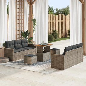 9 Pcs Kertibútor Szett Párnákkal Szürke Poli Rattan Akác, 3 Pcs Kert Étkező Szett Párnákkal Szürke Poli Rattan Akác
