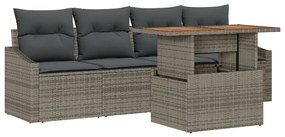 5 darabos kerti étkező szett párnákkal, szürke poly rattan akáciából