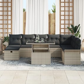 9 Részes Kerti Kanapé Készlet Párnákkal Világosszürke Poli Rattan, 2-Fős Kerti Kanapé Tárolóval és Párnákkal Világosszürke Poli Rattan