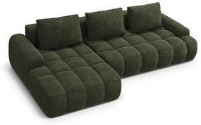 Zöld bársony kinyitható-tárolóhelyes sarokkanapé (bal oldali-heverő résszel) Linz – Cosmopolitan Design