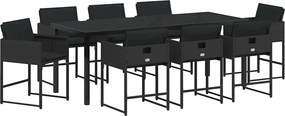 vidaXL Kert étkező szett párnával 9 pcs Fekete polirattan
