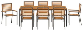 9 Darabos Kerti Étkező Szett Szürke Polirattan Tömör Akáccal, Egymásra Rakható Kerti Székek Párnákkal 2 db Szürke Polirattannal, Kerti Asztal 200x90x75 cm Tömör Akácfa és Fém