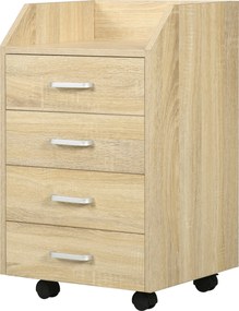 Vinsetto Irodai Fiókos Szekrény 4 Fiókkal, Tetején Tárolópolccal, 4 Kerekes és 2 Fékkel Tanulmányhoz, Irodához 40x36x65 cm Természetes Fa | Aosom