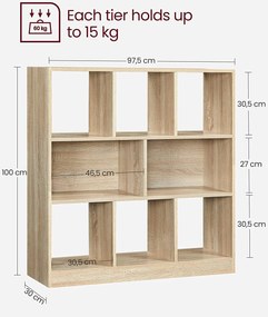 Könyvespolc, térelválasztó polc, 97,5 x 100 x 30 cm tölgy szín