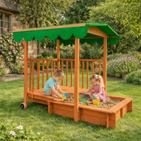 HAPPY verandás homokozó, 130x130x143cm, barna/zöld Jurhan