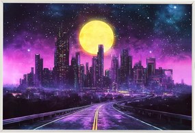Poszter Alumínium Keret Cyberpunk Synthwave Város Felhőkarcolók Út 60x40