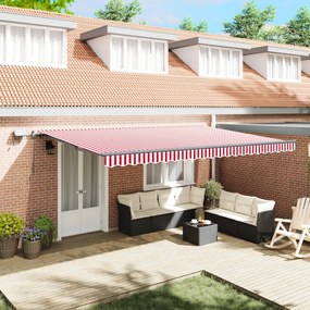 Kézi behúzható napellenző LED világítással, piros-fehér csíkos, 500x350 cm
