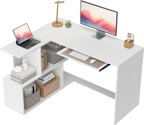 HOMCOM L-alakú sarokasztal, 120 x 100 x 76 cm – csúszó billentyűzettálca, 4 nyitott rekesz, modern fehér | Aosom