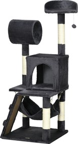 PawHut Forgácslapból Készült Macska Fa, Plüss és Zsineg Kaparóval, Macska Házzal, Hintaággyal, Ággyal, Túnellel és Játékgolyóval, 48x48x125cm, Sötétsz