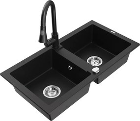 Mexen Mario kéttálcás gránit mosogató Elia konyhai csappal, fekete - 6504-77-670101-70