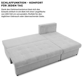 Venezia sarokkanapé, 3 ágyneműtartóval, kordbársony, univerzális oldal, hab töltet, szürke