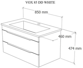 TMP VOX 85 FEHÉR fali fürdőszobabútor - öntött műmárvány mosdóval - 85 x 47 cm