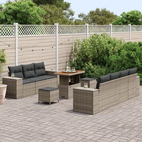 10 darabos kerti bútor garnitúra párnákkal, szürke poli rattan akác, 3 darabos kerti bútor étkező garnitúra párnákkal, szürke poli rattan akác