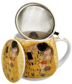 Porcelán teás bögre tetővel fém szűrővel 430 ml díszdobozban Gustav Klimt A Csók ekrü