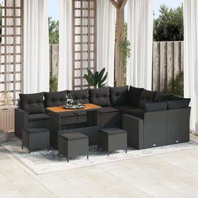 12 Részes Kerti Sofa Készlet Párnákkal Fekete Poli Rattan Akác, 3 Részes Kerti Étkező Készlet Párnákkal Fekete Poli Rattan Akác