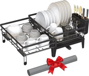 Edényszárító állvány, 360°-ban forgatható és kihúzható lefolyóval, fekete