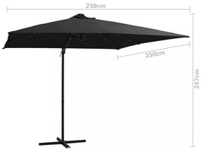 fekete konzolos napernyő LED-del és acélrúddal 250x250 cm