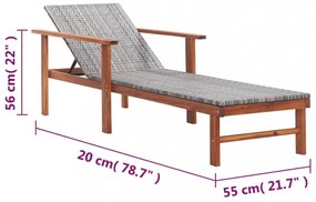szürke polyrattan és tömör akácfa napozóágy