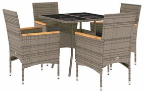 vidaXL 5 részes szürke polyrattan/üveg kerti étkezőgarnitúra párnával