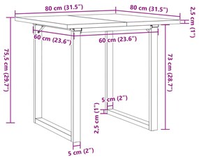 tömör fenyőfa és öntöttvas étkezőasztal O-vázzal 80x80x75,5 cm