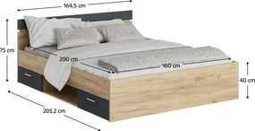 Ágykeret, 160x200, artisan tölgy/grafit, MICHIGAN NEW