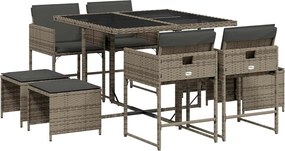 vidaXL 9 részes szürke polyrattan kerti étkezőgarnitúra párnával