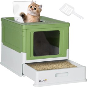 PawHut Fedett Macska WC Eldobható Litter Box Macska WC 5 kg-ig 47.5 x 35.5 x 36.7 cm Fehér+Zöld | Aosom