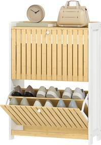 HOMCOM Keskeny Cipőszekrény 2 Bambusz Ajtóval, Állítható Polcokkal, 12 Pár Cipőhöz, 60x24x82,5 cm Fehér és Természetes | Aosom