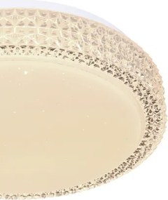 Globo 41749-12 Mennyezeti lámpa fehér váz, akril fehér búra, akril-kristály és sparkle effekt dekorral. Fali kapcsolóról 3 lépésben színhőmérsékletváltós. Ø:260, H:80, tartozék: 1xLED 12W 230V, 980lm, CCT 3.000-4500-6.500