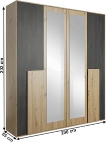 Szekrény tükörrel 2D, artisan tölgy/fekete norvég fenyő, BAFRA