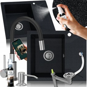 Gránit Mosogató Egymedencés Csepegtető Csaptelep Adagoló Fekete Fém
