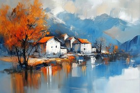 Vászonkép Canvas Tájkép Hegyek Tó Város Falu Ősz 60x40