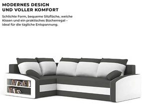 Grande sarokkanapé polcokkal , polc a bal karfaban, baloldali, szövet anyag, bonell töltet, szürke - fehér