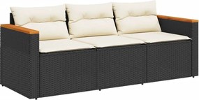 vidaXL fekete 3 személyes polyrattan kerti kanapé párnákkal