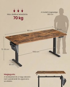 SONGMICS elektromos magasságállítható íróasztal, 180 × 80 cm, vintage barna